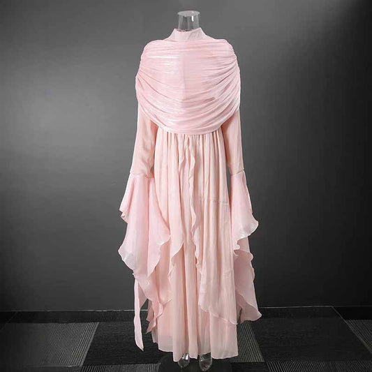 Pleated Maxi Dress with Ruffle Hem – Elegant Flare Sleeve & Flowy Sash