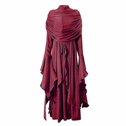 Pleated Maxi Dress with Ruffle Hem – Elegant Flare Sleeve & Flowy Sash