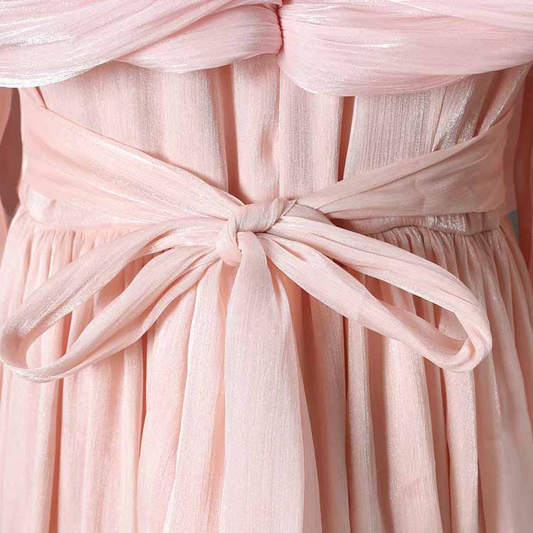 Pleated Maxi Dress with Ruffle Hem – Elegant Flare Sleeve & Flowy Sash