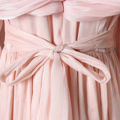 Pleated Maxi Dress with Ruffle Hem – Elegant Flare Sleeve & Flowy Sash