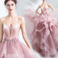 Pink Ruffled Gown With Train Straps Bride Wedding Dress