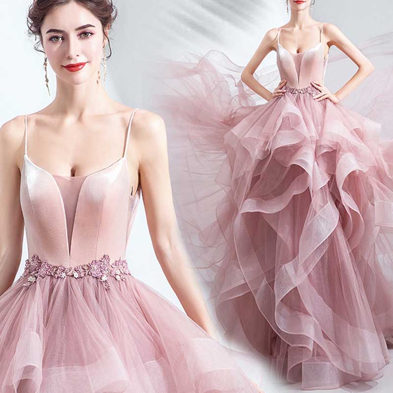 Pink Ruffled Gown With Train Straps Bride Wedding Dress