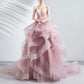 Pink Ruffled Gown With Train Straps Bride Wedding Dress