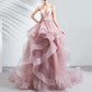 Pink Ruffled Gown With Train Straps Bride Wedding Dress