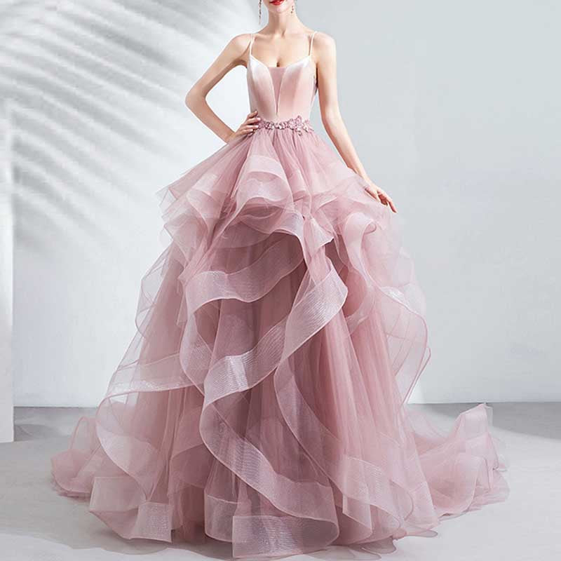 Pink Ruffled Gown With Train Straps Bride Wedding Dress