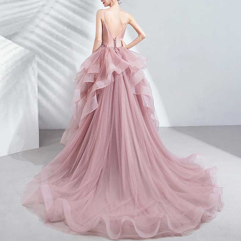 Pink Ruffled Gown With Train Straps Bride Wedding Dress