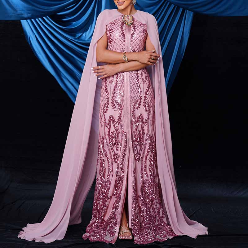 Pink Sequin Embellished Collar Cape Sleeve Prom Dress Event Ball Gown