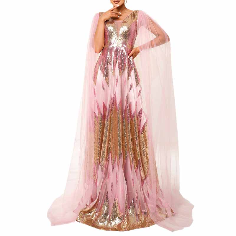 Pink Sequin Prom Dress Cape Sleeve A-Line Gauze Event Gown