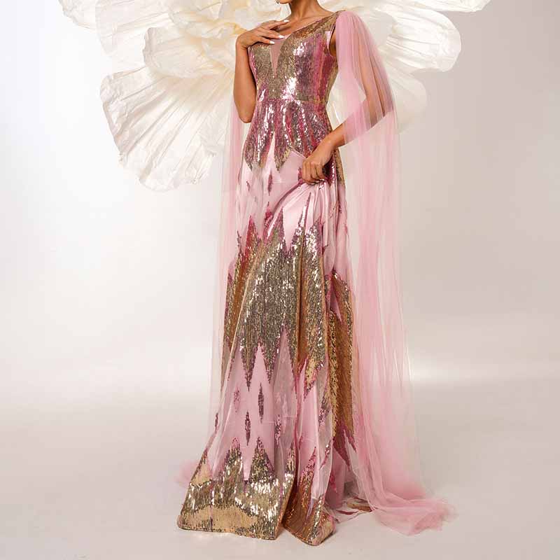 Pink Sequin Prom Dress Cape Sleeve A-Line Gauze Event Gown