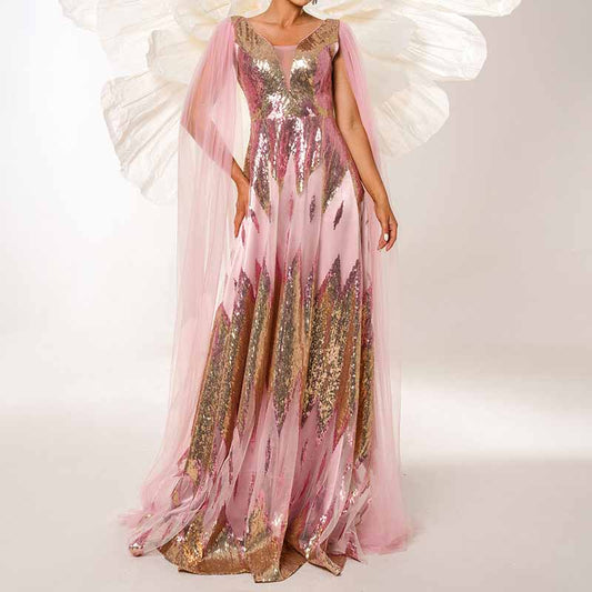 Pink Sequin Prom Dress Cape Sleeve A-Line Gauze Event Gown