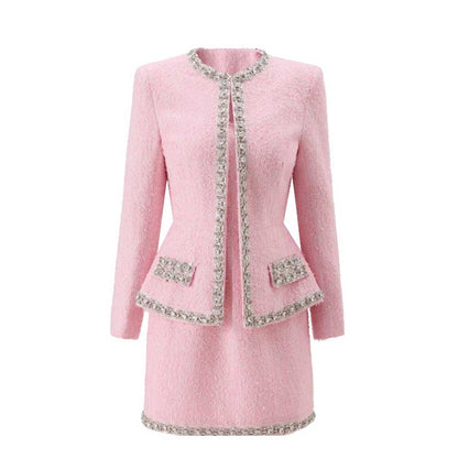 2 Piece Pink Tweed Set Women Elegant Long Sleeve Jacket with Sleeveless Dress Slim Fit Suit