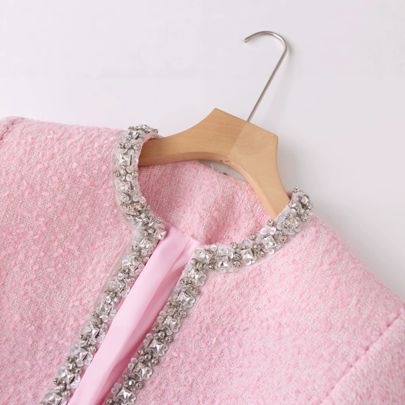 2 Piece Pink Tweed Set Women Elegant Long Sleeve Jacket with Sleeveless Dress Slim Fit Suit