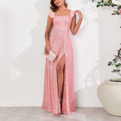 Pink Wedding Guest Dress Sequin Bridesmaid Dress With High Split Long Prom Dress
