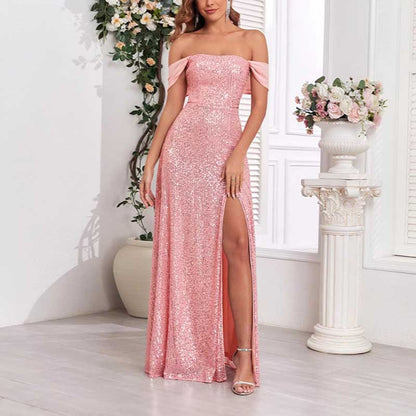 Pink Wedding Guest Dress Sequin Bridesmaid Dress With High Split Long Prom Dress