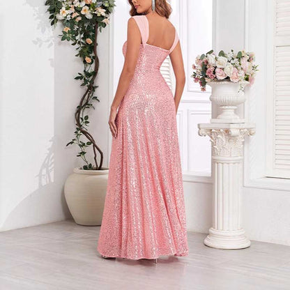 Pink Wedding Guest Dress Sequin Bridesmaid Dress With High Split Long Prom Dress