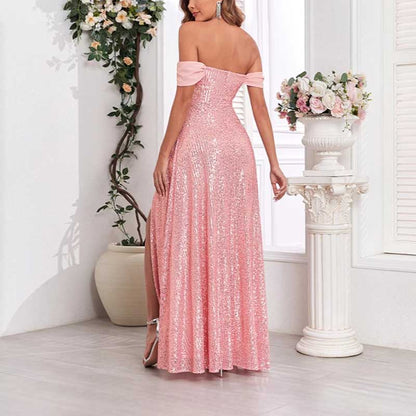 Pink Wedding Guest Dress Sequin Bridesmaid Dress With High Split Long Prom Dress