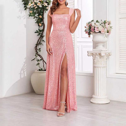 Pink Wedding Guest Dress Sequin Bridesmaid Dress With High Split Long Prom Dress