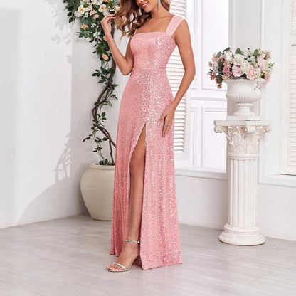 Pink Wedding Guest Dress Sequin Bridesmaid Dress With High Split Long Prom Dress