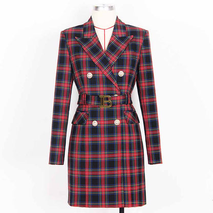 Plaid Double-Breasted Blazer Dress with Belt