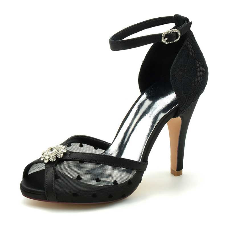 Elegant platform wedding shoes with lace and rhinestone, featuring an ankle strap and open toe design