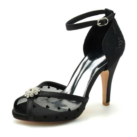 Elegant platform wedding shoes with lace and rhinestone, featuring an ankle strap and open toe design