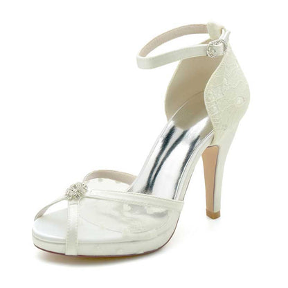 Elegant platform wedding shoes with lace and rhinestone details for bridal style and comfort