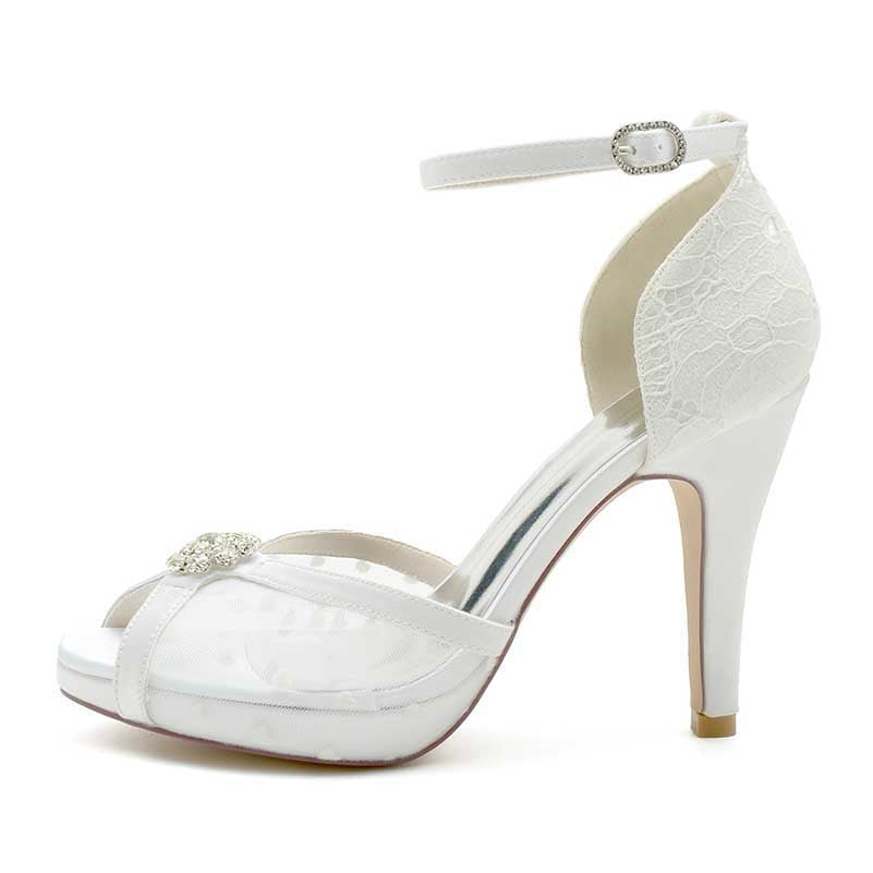 Elegant platform wedding shoes with lace and rhinestone, featuring an ankle strap and high heels