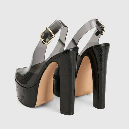 Clear / Faux Snake Print / Snake Print Platform Heels with Cork Heel – Slingback Pumps