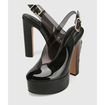 Clear / Faux Snake Print / Snake Print Platform Heels with Cork Heel – Slingback Pumps