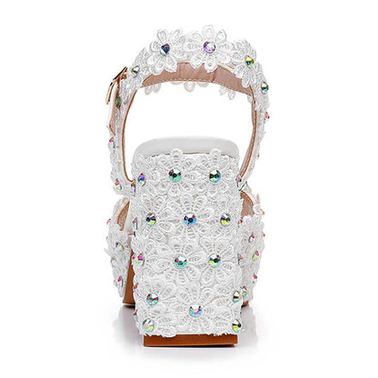Platform Wedding Shoes Flower Appliqued Block Heeled Bridal Shoes Event Sandals