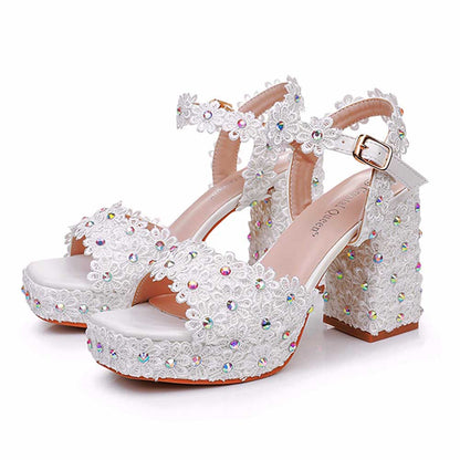 Platform Wedding Shoes Flower Appliqued Block Heeled Bridal Shoes Event Sandals