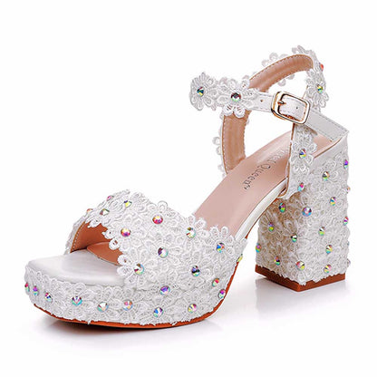 Platform Wedding Shoes Flower Appliqued Block Heeled Bridal Shoes Event Sandals
