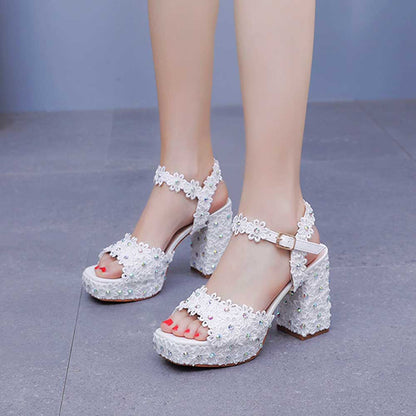 Platform Wedding Shoes Flower Appliqued Block Heeled Bridal Shoes Event Sandals