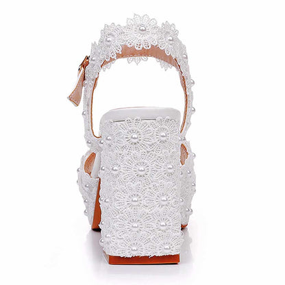 Platform Wedding Shoes Flower Appliqued Block Heeled Bridal Shoes Prom Heels