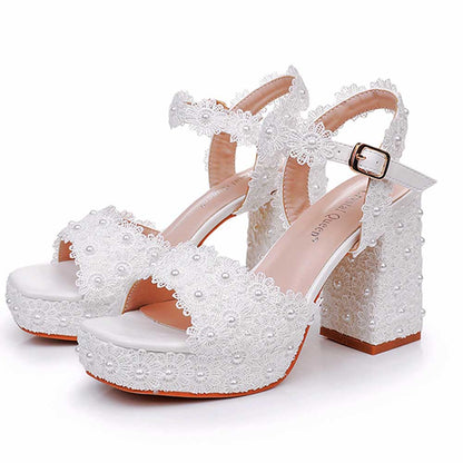 Platform Wedding Shoes Flower Appliqued Block Heeled Bridal Shoes Prom Heels
