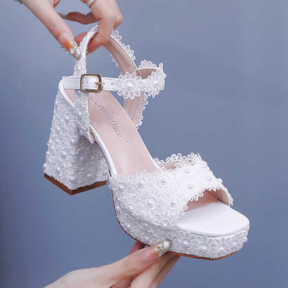 Platform Wedding Shoes Flower Appliqued Block Heeled Bridal Shoes Prom Heels