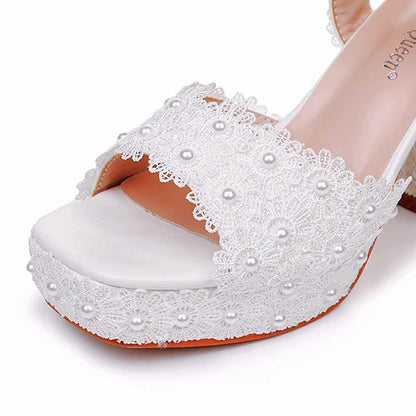 Platform Wedding Shoes Flower Appliqued Block Heeled Bridal Shoes Prom Heels