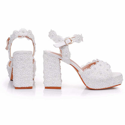 Platform Wedding Shoes Flower Appliqued Block Heeled Bridal Shoes Prom Heels