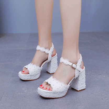Platform Wedding Shoes Flower Appliqued Block Heeled Bridal Shoes Prom Heels