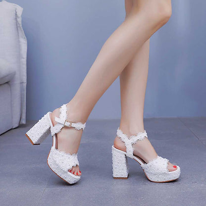 Platform Wedding Shoes Flower Appliqued Block Heeled Bridal Shoes Prom Heels
