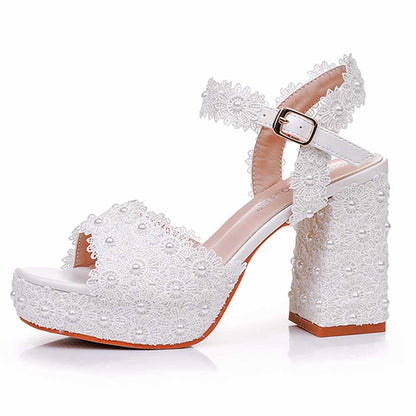 Platform Wedding Shoes Flower Appliqued Block Heeled Bridal Shoes Prom Heels