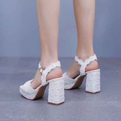 Platform Wedding Shoes Flower Appliqued Block Heeled Bridal Shoes Prom Heels