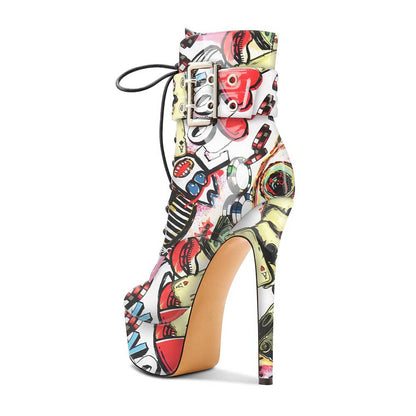 Women's Multi-Color Round Toe Lace Up Ankle Boots Platform Pumps Party Boots