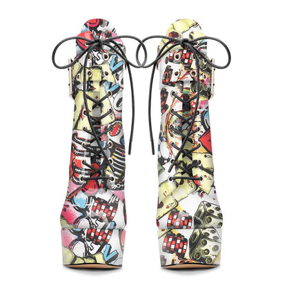 Women's Multi-Color Round Toe Lace Up Ankle Boots Platform Pumps Party Boots