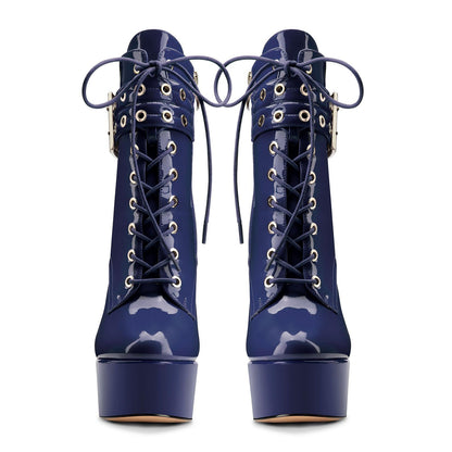 Navy Blue Round Toe Lace Up Ankle Boots Platform Pumps Party Boots