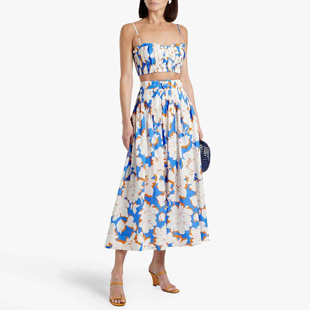 Pleated Floral-Print Bustier Top Midi Skirt Suit