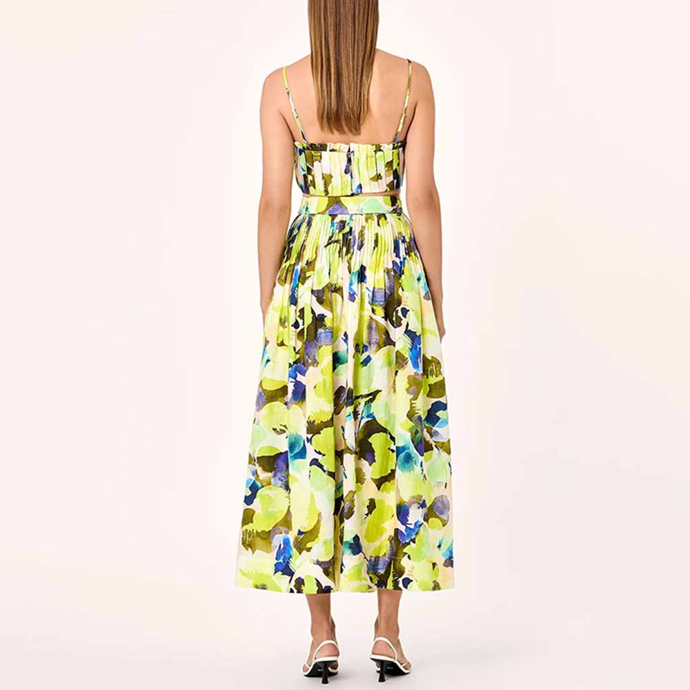 Pleated Floral-Print Bustier Top Midi Skirt Suit