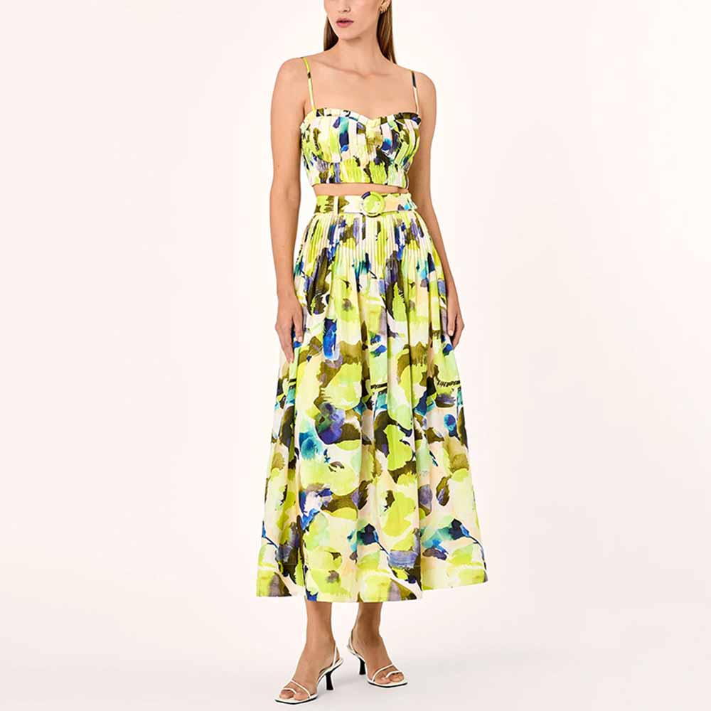 Pleated Floral-Print Bustier Top Midi Skirt Suit