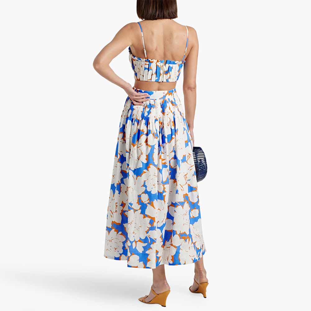 Pleated Floral-Print Bustier Top Midi Skirt Suit