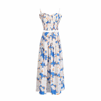 Pleated Floral-Print Bustier Top Midi Skirt Suit